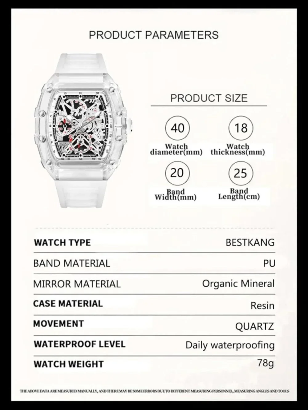 Stylish Hollowed Men’s Quartz Watch - Transparent Tonneau, Waterproof, Date